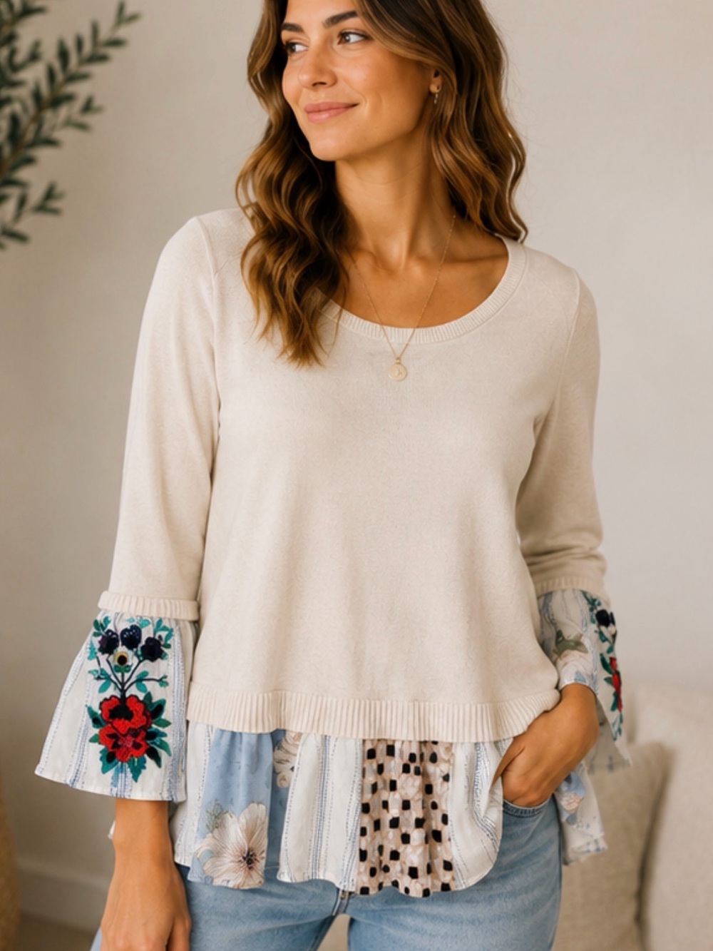 Embroidered Bell Sleeve Mixed Media Sweater Top Boho Cottagecore Cream Large
